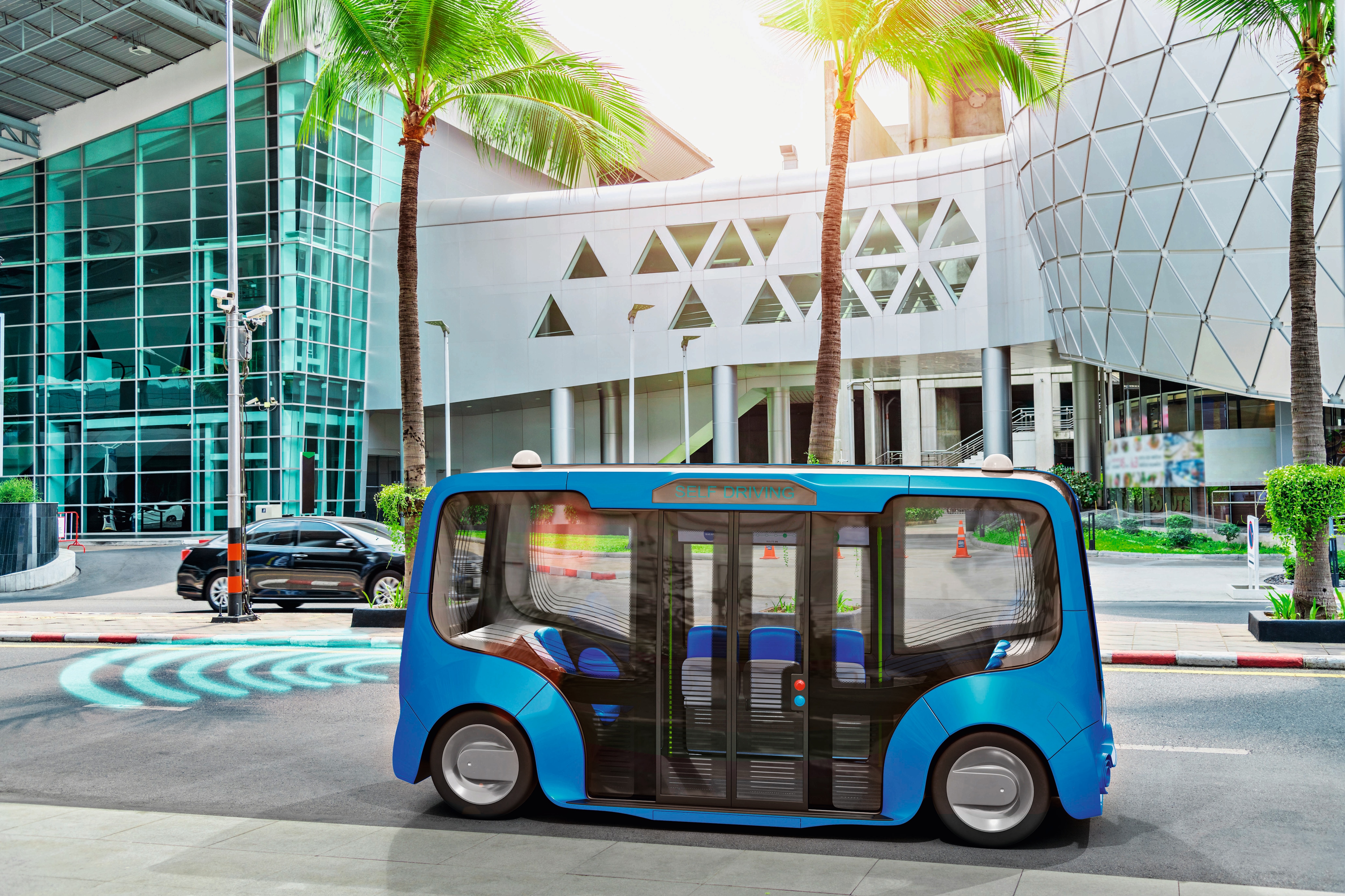 Autonomous electric bus self driving on street, Smart vehicle technology concept, 3d render